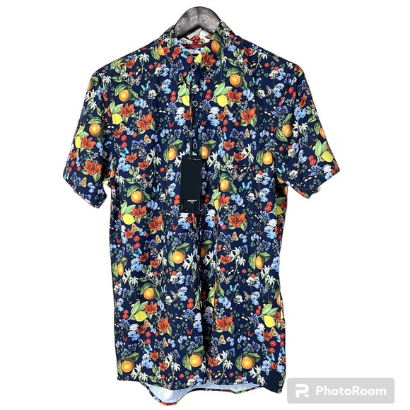 NWT Fried Denim Tropical Print Button Up Short Sleeve Shirt - Picture 1 of 13